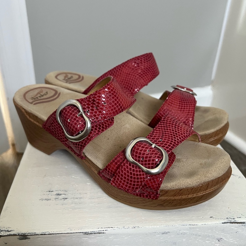 Dansko Sophie Red Textured Buckle Mules